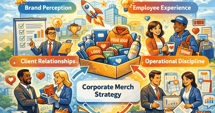 Cartoon illustration of corporate merch strategy showing brand perception, employee experience, client relationships, and operational discipline connected through branded merchandise.