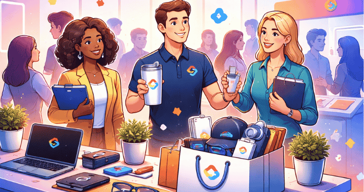 Cartoon illustration of staffing swag ideas featuring recruiters with branded promotional products, gift boxes, tech accessories, and apparel at a recruiting event