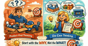 Cartoon illustration comparing product-first thinking vs use case thinking in corporate swag, showing confused man with random promo items on one side and organized woman planning onboarding, client gifts, and event swag on the other, with the message “Start with the WHY, Not the WHAT!”