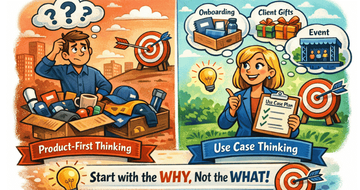Cartoon illustration comparing product-first thinking vs use case thinking in corporate swag, showing confused man with random promo items on one side and organized woman planning onboarding, client gifts, and event swag on the other, with the message “Start with the WHY, Not the WHAT!”