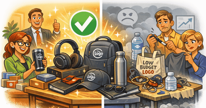 Premium vs cheap corporate swag comparison illustration showing high-quality branded merchandise improving brand perception while low-budget swag hurts company image