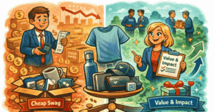 Cartoon-style wide illustration showing corporate swag budgeting contrast: on one side, a person surrounded by cheap promotional items and coins emphasizing cost focus, and on the other side, a person highlighting high-quality swag and meaningful gifting moments, with a central scale symbolizing the balance between cost and long-term value.