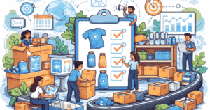 Corporate merch program illustration showing a team organizing branded swag, packing boxes, and managing repeatable merchandise systems in a modern office.