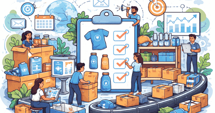 Corporate merch program illustration showing a team organizing branded swag, packing boxes, and managing repeatable merchandise systems in a modern office.