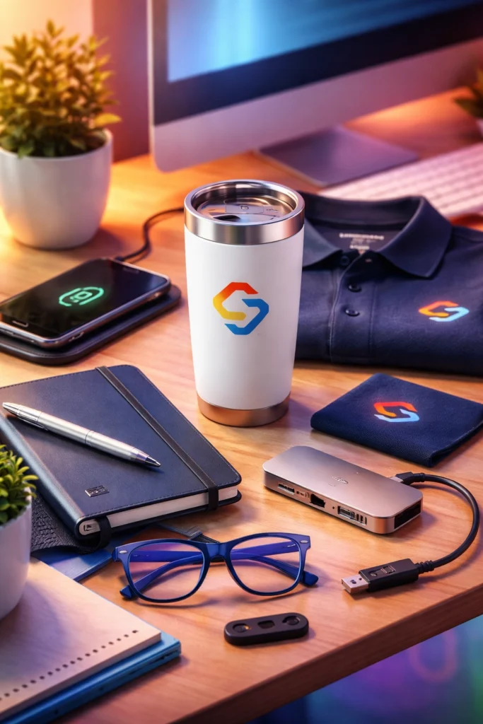 Staffing swag ideas featuring branded recruiter gifts including tumbler, notebook, tech accessories, and apparel arranged on a colorful workspace