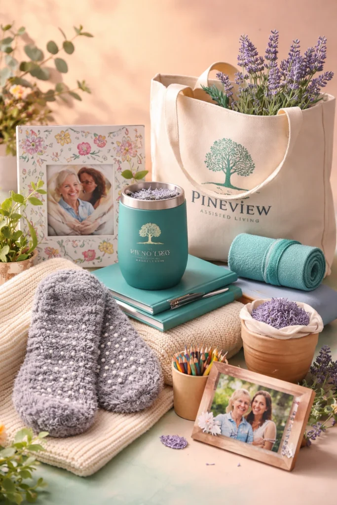 retirement assisted living swag ideas featuring cozy socks, tumbler, tote bag, coloring book, and wellness gifts in a warm, inviting setting