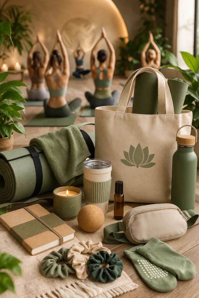 yoga studio swag ideas with branded wellness products and accessories